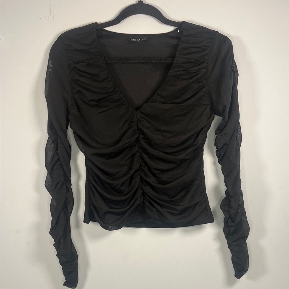 Stella‎ Luce Women's Black Ruched Sheer Sleeve Holiday Blouse Size Large